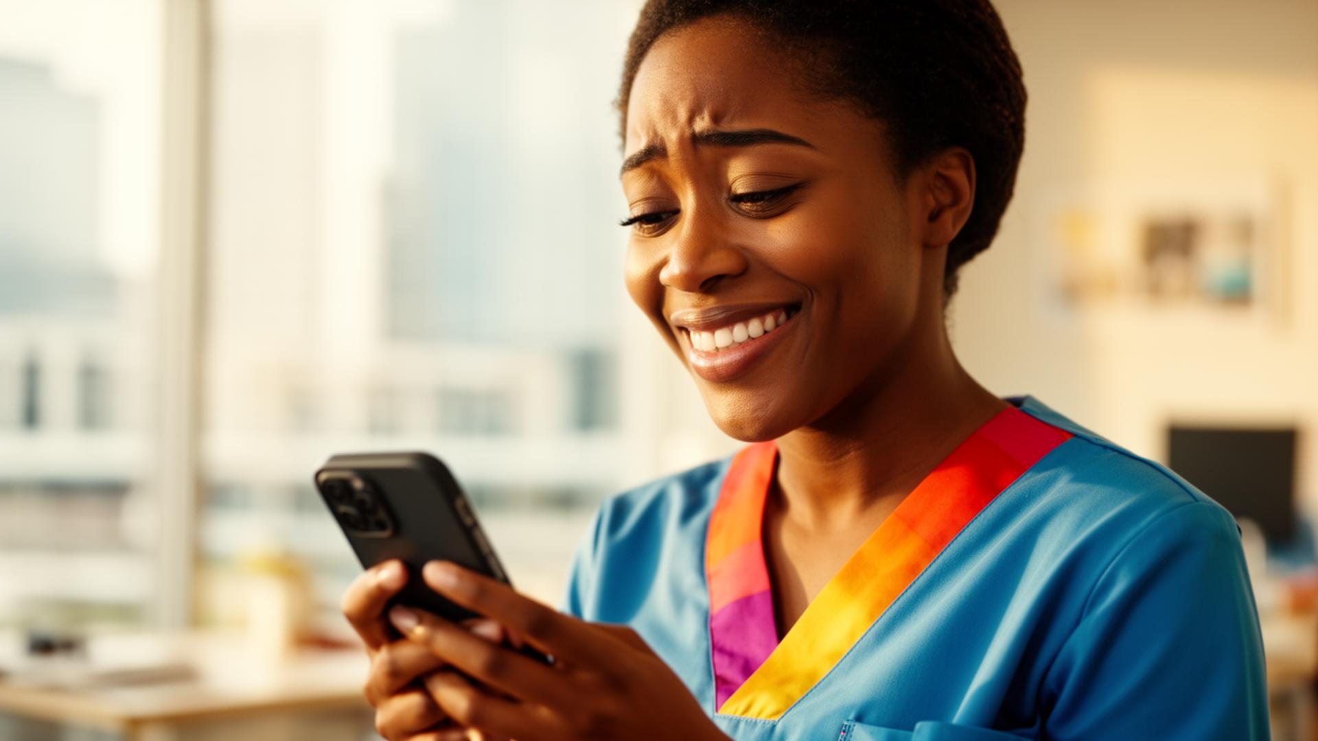 Healthcare worker checking her Credvan earned wages on her phone